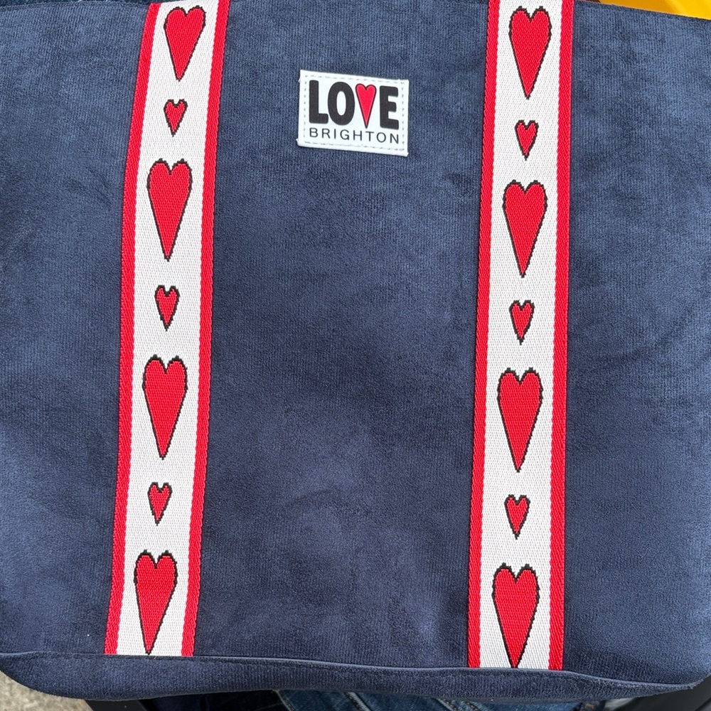 Brighton Navy Tote with Red Heart Straps